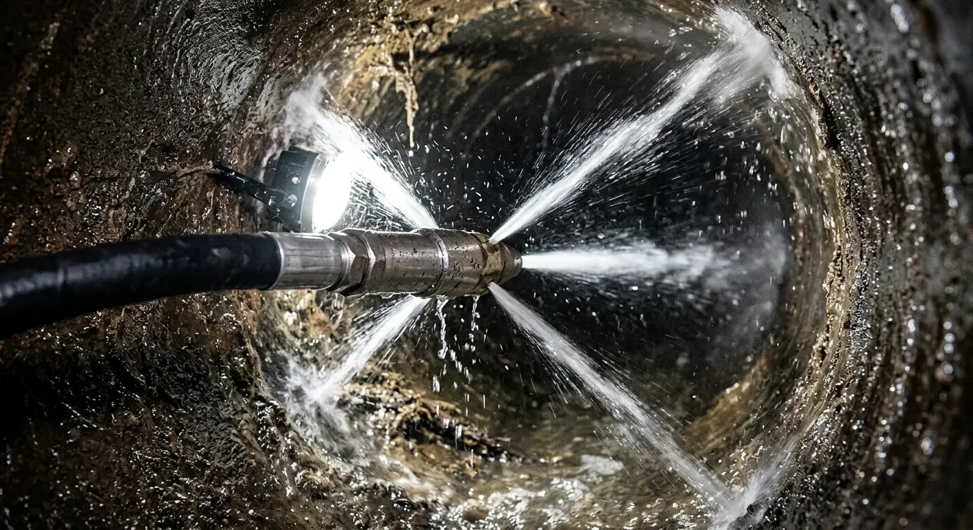 High-pressure hydro jetting nozzle cleaning sewer pipe for Emergency Drain Service in Trinity