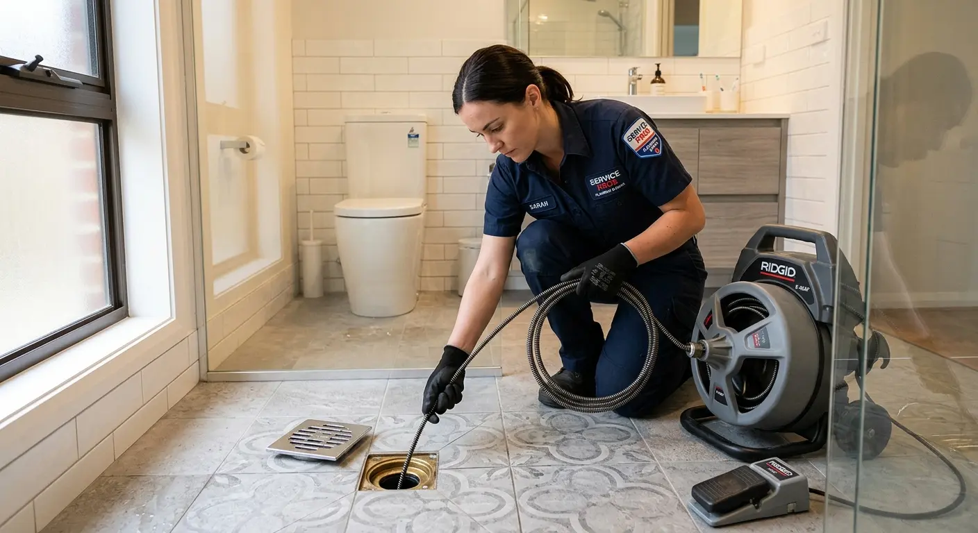 Technician clearing a bathroom floor drain for Sewer Line Installation in Trinity